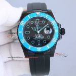 Swiss Replica Blaken Rolex Submariner All Black Case Baby Blue Bezel 3135 Watch